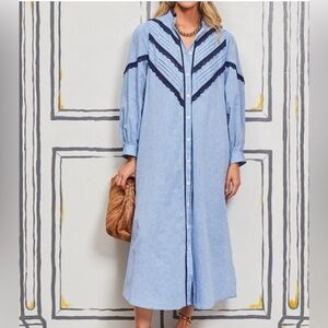 Pomander Place by Tuckernuck Jolene Chambray Midi Dress Button Lace Linen S